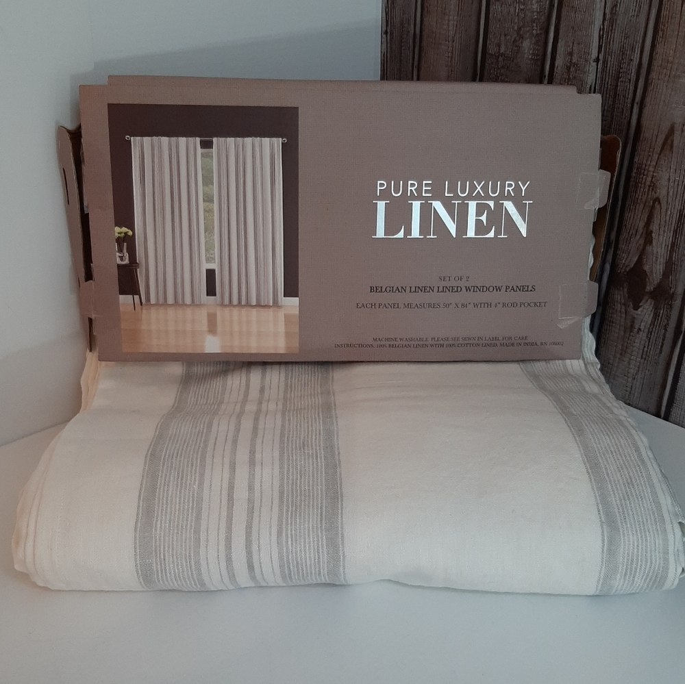 *Pure Luxury Linen 84" Striped Belgian Linen Curtain Panels Rod Pocket